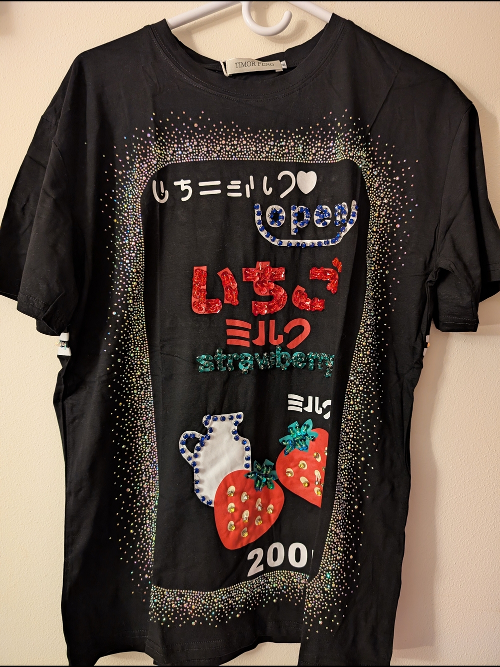 Timor Peng Y2K Harajuku Strawberry Milk Graphic Tee, Rhinestone Appliqué Black T